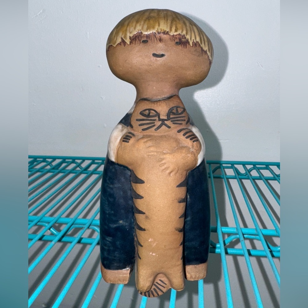 Vintage Lisa Larson Figurine Pelle Scandinavian Gustavsburg Sweden Boy With Cat